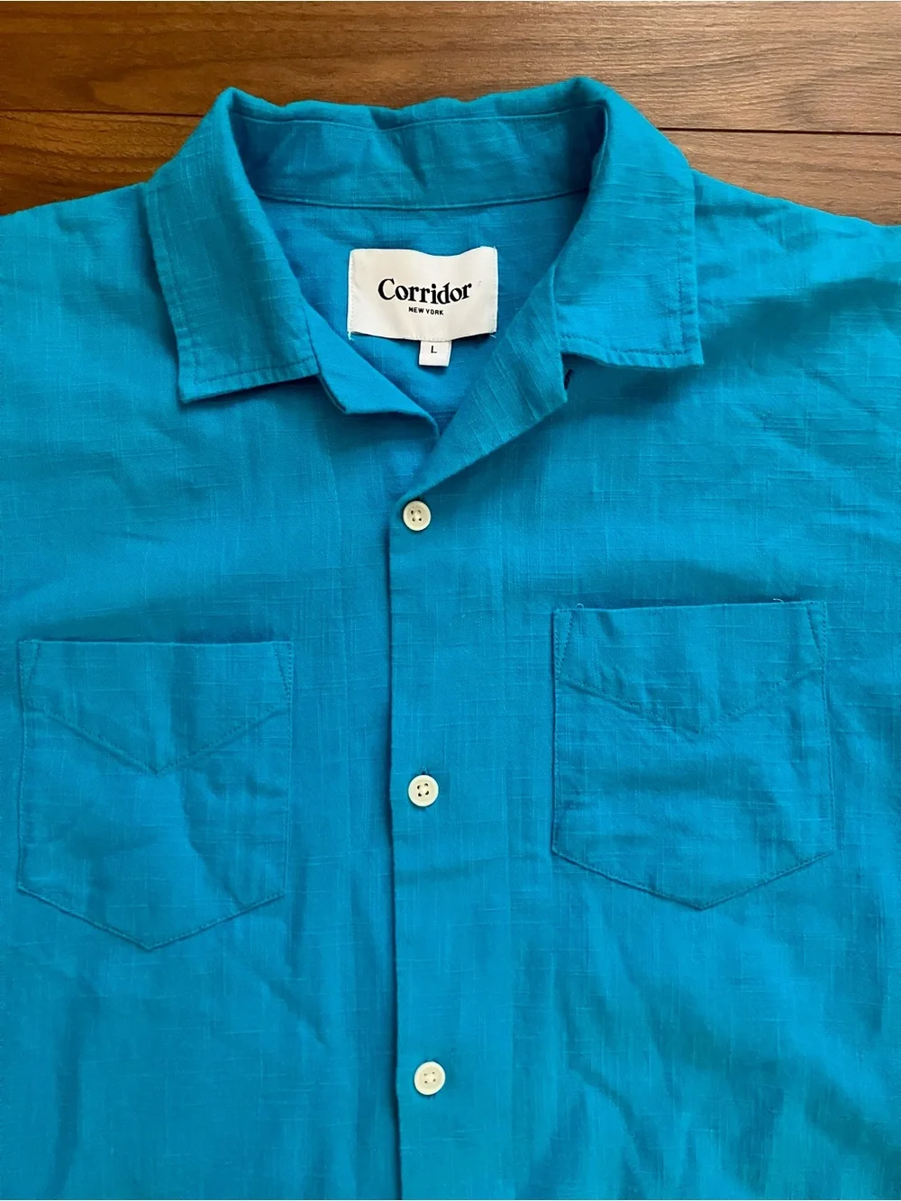Corridor Four Pocket Short Sleeve Blue Slub Shirt Large